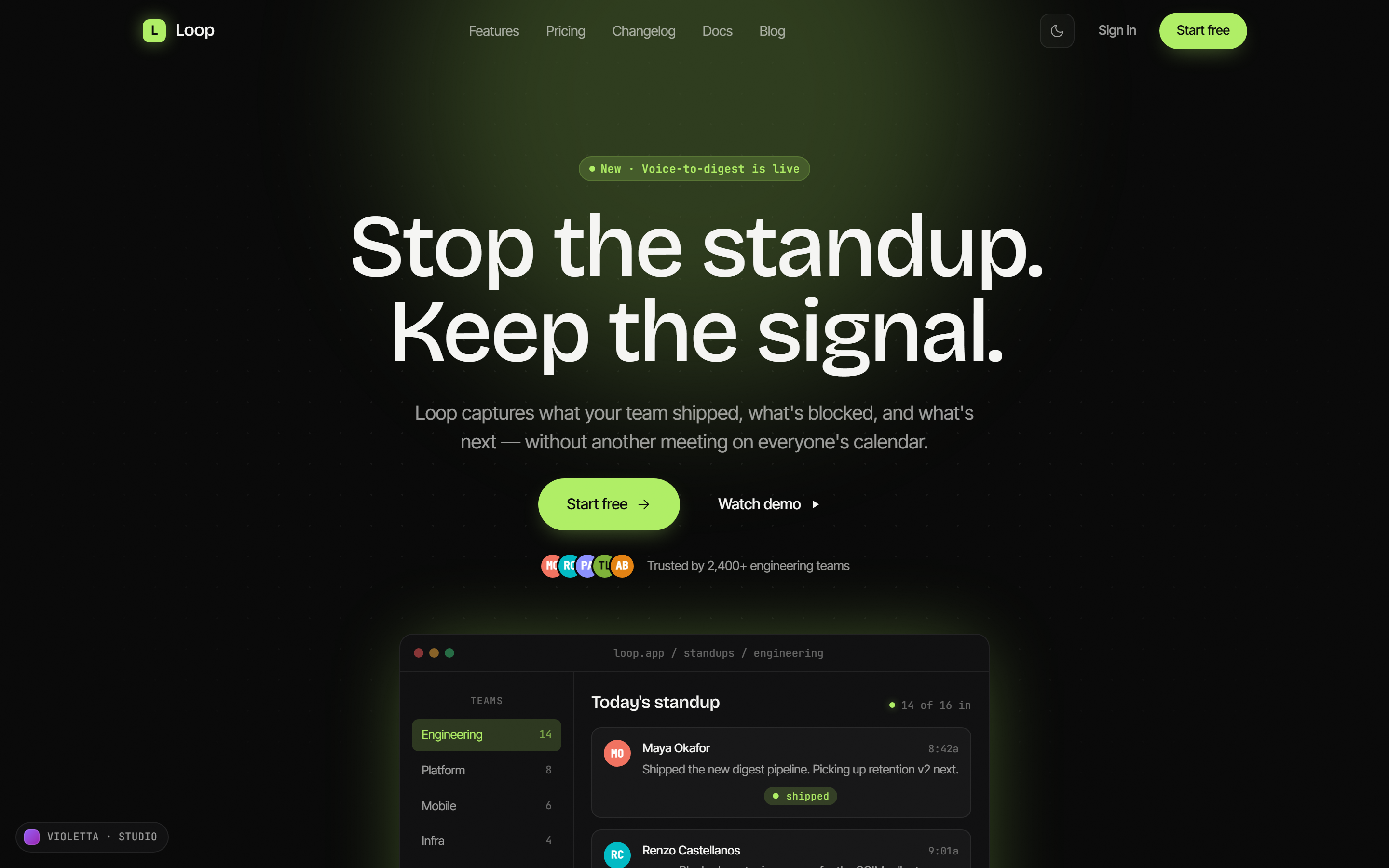 Launch — SaaS landing template, home hero in the dark theme