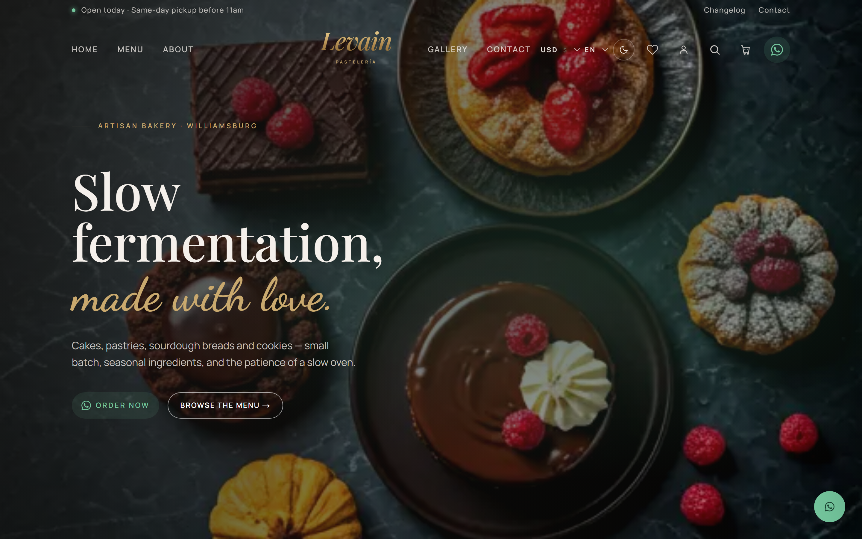 Levain — bakery shop template, home hero in the Warm Organic theme