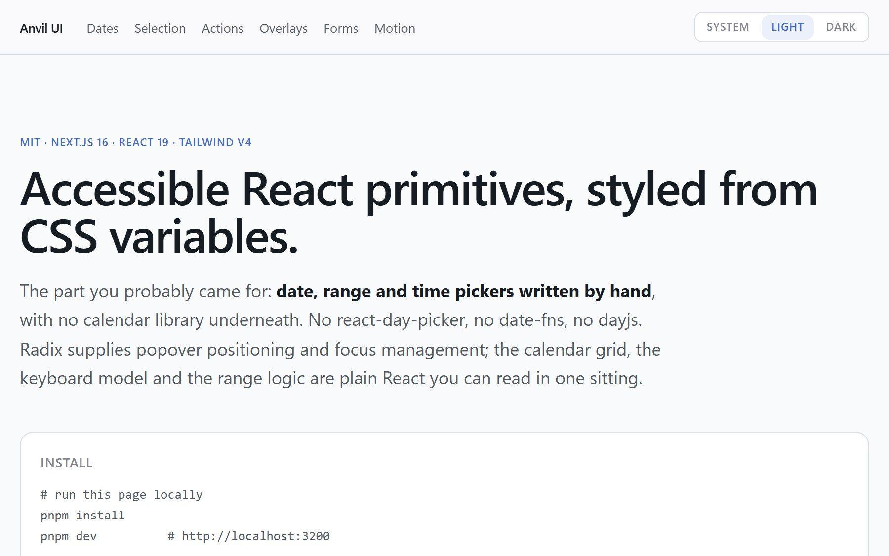 Anvil UI demo page in light mode — headline reading Accessible React primitives, styled from CSS variables, above the install commands